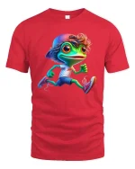 Cute Running Frog Cartoon Graphic T Shirt Funny Sport Style - red t-shirt on white background
