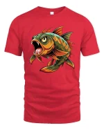 Fierce Piranha Fish Cartoon Graphic T Shirt Wild Predator Art - red t-shirt on white background