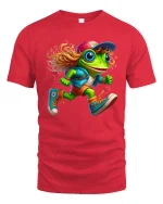 Funny Running Frog Cartoon Graphic T Shirt Cool Street Style - red t-shirt on white background