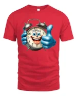 Funny Smiling Alarm Clock Cartoon Graphic T Shirt Good Time - red t-shirt on white background