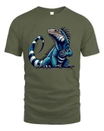 Cool Blue Iguana Cartoon Graphic T Shirt Funny Reptile Style - military green t-shirt on white background