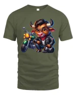Cool Biker Bull Cartoon Graphic T Shirt Funny Motorcycle Style - military green t-shirt on white background