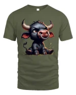 Cute Baby Bull Cartoon Graphic T Shirt Funny Farm Animal Art - military green t-shirt on white background