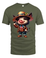 Cute Gentleman Boar Cartoon Graphic T Shirt Funny Animal Style - military green t-shirt on white background
