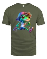 Cute Running Frog Cartoon Graphic T Shirt Funny Sport Style - military green t-shirt on white background