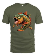 Fierce Piranha Fish Cartoon Graphic T Shirt Wild Predator Art - military green t-shirt on white background