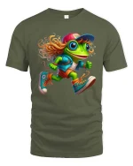 Funny Running Frog Cartoon Graphic T Shirt Cool Street Style - military green t-shirt on white background