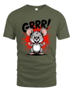 Funny Angry Mouse GRRR Cartoon Graphic T Shirt Cute Rage Style - military green t-shirt on white background