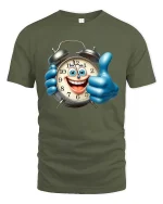 Funny Smiling Alarm Clock Cartoon Graphic T Shirt Good Time - military green t-shirt on white background