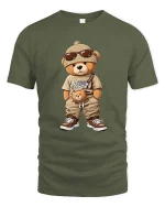 Cool Streetwear Teddy Bear Cartoon Graphic T Shirt Urban Style - military green t-shirt on white background