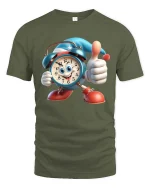 Funny Cartoon Alarm Clock Thumbs Up Graphic T Shirt Good Vibes - military green t-shirt on white background