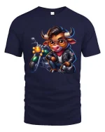 Cool Biker Bull Cartoon Graphic T Shirt Funny Motorcycle Style - navy t-shirt on white background