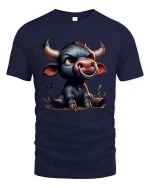 Cute Baby Bull Cartoon Graphic T Shirt Funny Farm Animal Art - navy t-shirt on white background