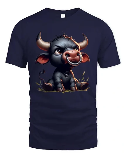 Cute Baby Bull Cartoon Graphic T Shirt Funny Farm Animal Art - navy t-shirt on white background