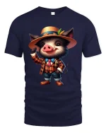 Cute Gentleman Boar Cartoon Graphic T Shirt Funny Animal Style - navy t-shirt on white background
