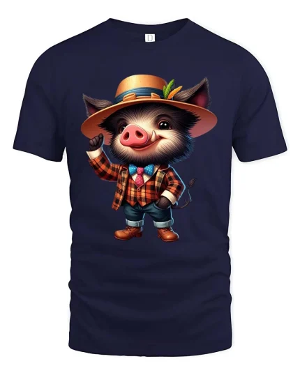 Cute Gentleman Boar Cartoon Graphic T Shirt Funny Animal Style - navy t-shirt on white background