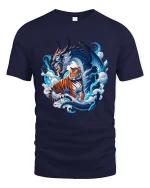 Dragon and Tiger Yin Yang Graphic T Shirt Mythical Beast Art - navy t-shirt on white background