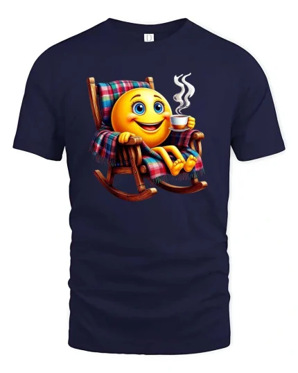 Relaxing Coffee Smile Emoji Graphic T Shirt Cozy Morning Vibes - navy t-shirt on white background