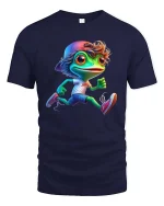 Cute Running Frog Cartoon Graphic T Shirt Funny Sport Style - navy t-shirt on white background