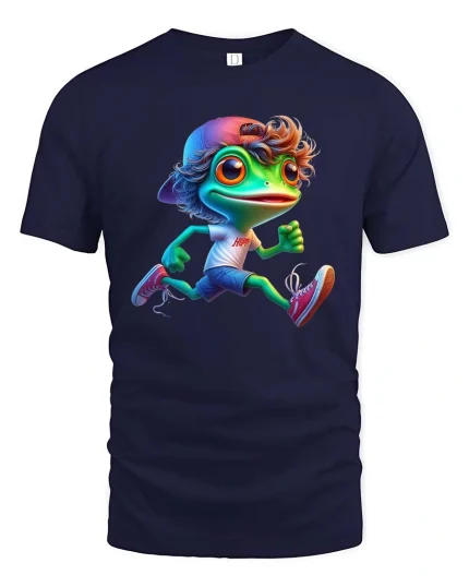 Cute Running Frog Cartoon Graphic T Shirt Funny Sport Style - navy t-shirt on white background