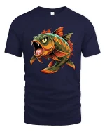 Fierce Piranha Fish Cartoon Graphic T Shirt Wild Predator Art - navy t-shirt on white background