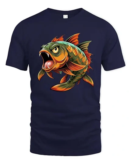 Fierce Piranha Fish Cartoon Graphic T Shirt Wild Predator Art - navy t-shirt on white background