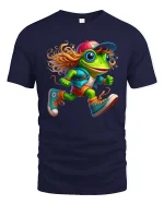 Funny Running Frog Cartoon Graphic T Shirt Cool Street Style - navy t-shirt on white background
