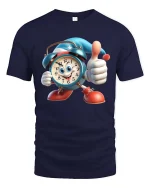 Funny Cartoon Alarm Clock Thumbs Up Graphic T Shirt Good Vibes - navy t-shirt on white background