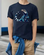 Cool Blue Iguana Cartoon Graphic T Shirt Funny Reptile Style - model wearing navy tee with hands in pockets