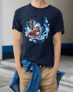 Dragon and Tiger Yin Yang Graphic T Shirt Mythical Beast Art - model wearing navy tee with hands in pockets