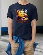 Relaxing Coffee Smile Emoji Graphic T Shirt Cozy Morning Vibes - model wearing navy tee with hands in pockets