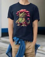 Mystical Tree Monster Fantasy Graphic T Shirt Nature Creature - model wearing navy tee with hands in pockets