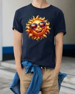 Happy Sunshine Emoji Graphic T Shirt Love Summer Vibes - model wearing navy tee with hands in pockets