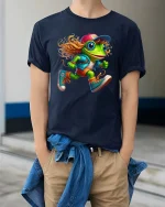 Funny Running Frog Cartoon Graphic T Shirt Cool Street Style - model wearing navy tee with hands in pockets