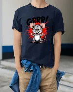 Funny Angry Mouse GRRR Cartoon Graphic T Shirt Cute Rage Style - model wearing navy tee with hands in pockets