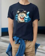Funny Smiling Alarm Clock Cartoon Graphic T Shirt Good Time - model wearing navy tee with hands in pockets