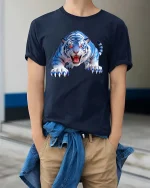 Fierce Blue White Tiger Graphic T Shirt Wild Predator Style - model wearing navy tee with hands in pockets