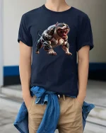 Fierce Tattooed Pitbull Graphic T Shirt Savage Guard Dog Style - model wearing navy tee with hands in pockets