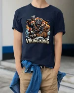 Viking Kong Warrior Graphic T Shirt Epic Norse Monster Style - model wearing navy tee with hands in pockets