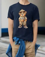 Cool Streetwear Teddy Bear Cartoon Graphic T Shirt Urban Style - model wearing navy tee with hands in pockets