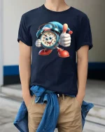 Funny Cartoon Alarm Clock Thumbs Up Graphic T Shirt Good Vibes - model wearing navy tee with hands in pockets