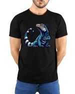 Cool Blue Iguana Cartoon Graphic T Shirt Funny Reptile Style - model wearing black tee with hands behind back