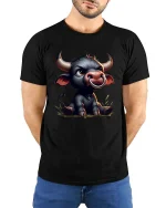 Cute Baby Bull Cartoon Graphic T Shirt Funny Farm Animal Art - model wearing black tee with hands behind back