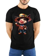 Cute Gentleman Boar Cartoon Graphic T Shirt Funny Animal Style - model wearing black tee with hands behind back