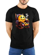 Relaxing Coffee Smile Emoji Graphic T Shirt Cozy Morning Vibes - model wearing black tee with hands behind back