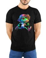 Cute Running Frog Cartoon Graphic T Shirt Funny Sport Style - model wearing black tee with hands behind back