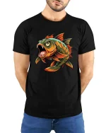 Fierce Piranha Fish Cartoon Graphic T Shirt Wild Predator Art - model wearing black tee with hands behind back