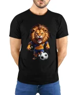 Fierce Soccer Lion Cartoon Graphic T Shirt Football Champion - model wearing black tee with hands behind back