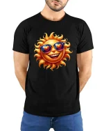 Happy Sunshine Emoji Graphic T Shirt Love Summer Vibes - model wearing black tee with hands behind back