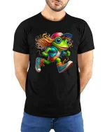 Funny Running Frog Cartoon Graphic T Shirt Cool Street Style - model wearing black tee with hands behind back